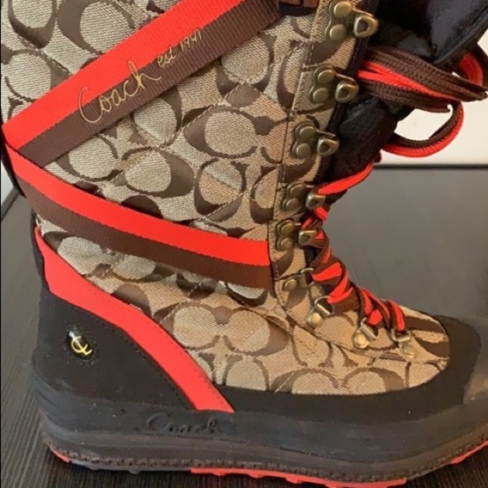 Coach Women's Signature Logo Brown and Red Winter Boot